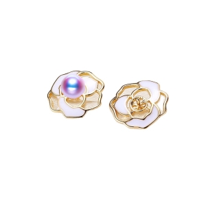 Wholesale Pearl earrings mountings Sterling Silver Needle camellia design Whole body gold plating No.30