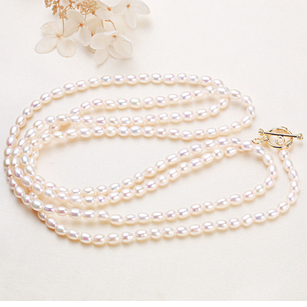 latest design freshwater pearl long necklace small rice pearl necklace with OT lock for multiple layer wearing