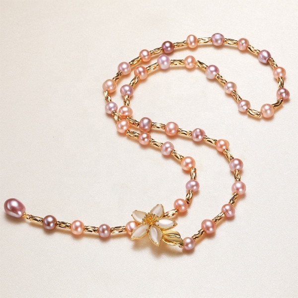 latest design mixed color freshwater pearl necklace with adjustable clasp long necklace
