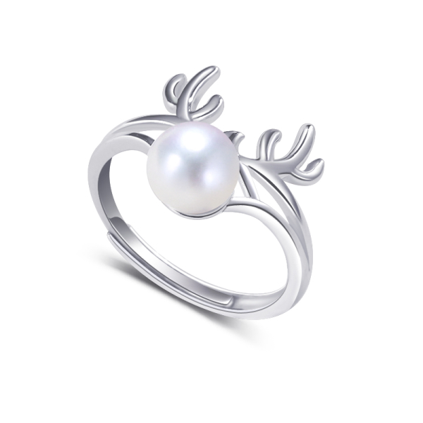 Good Luster Antlers Christmas Fashion 925 sterling silver Pearl Bead Ring