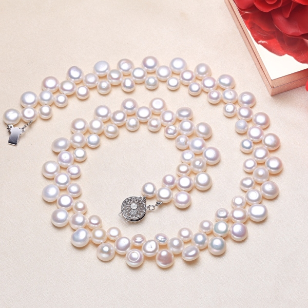 Stylish New Design 18inches Pearl Jewelry Freshwater Button Shape Pearl Necklace