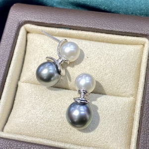 Double pearls earrings Tahitian pearl jewelry 925 Sterling Silver classical pearl Earrings stud