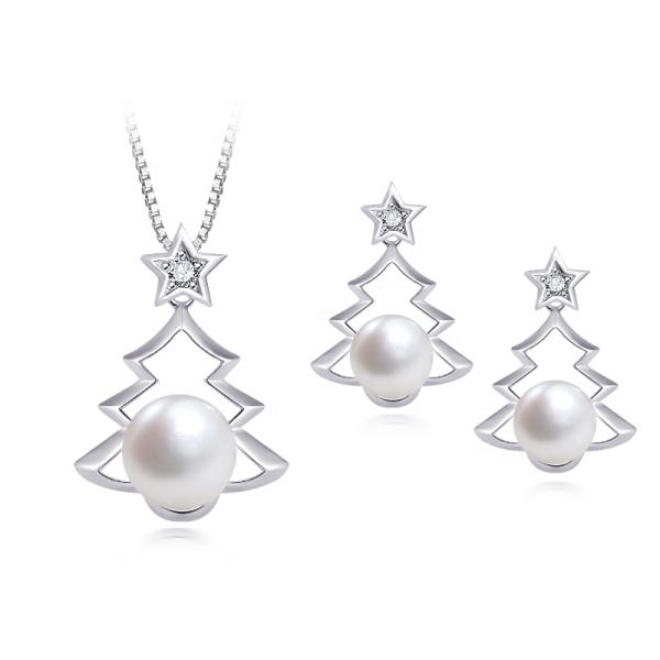 Tree Shape 925 Sterling Silver Natural Freshwater 6-9mm Pearl Jewelry Set